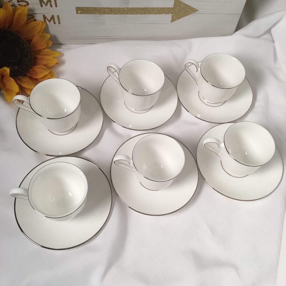 Set of 6 Lenox Hannah Platinum Cups & Saucers
